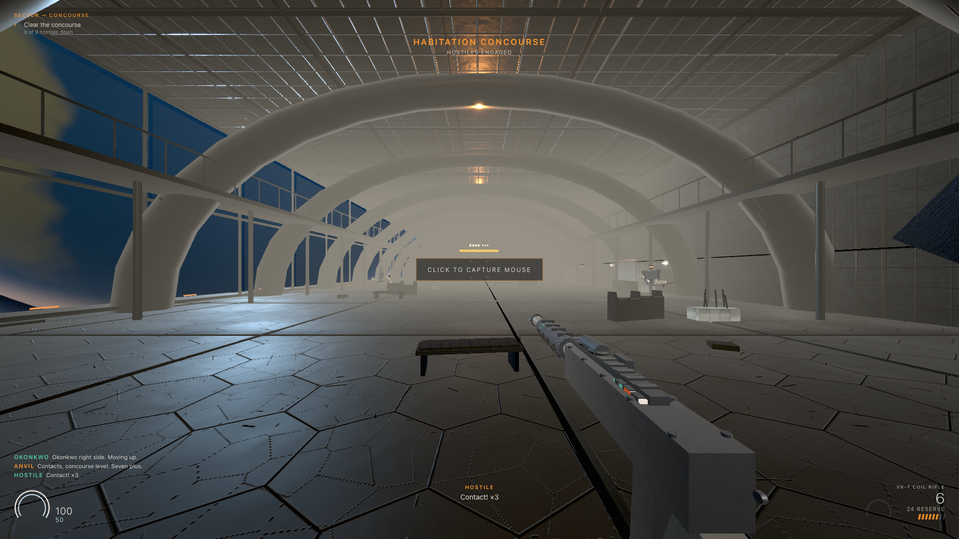 GLASS ORBIT development view of the habitation concourse, with mission text and first-person interface.